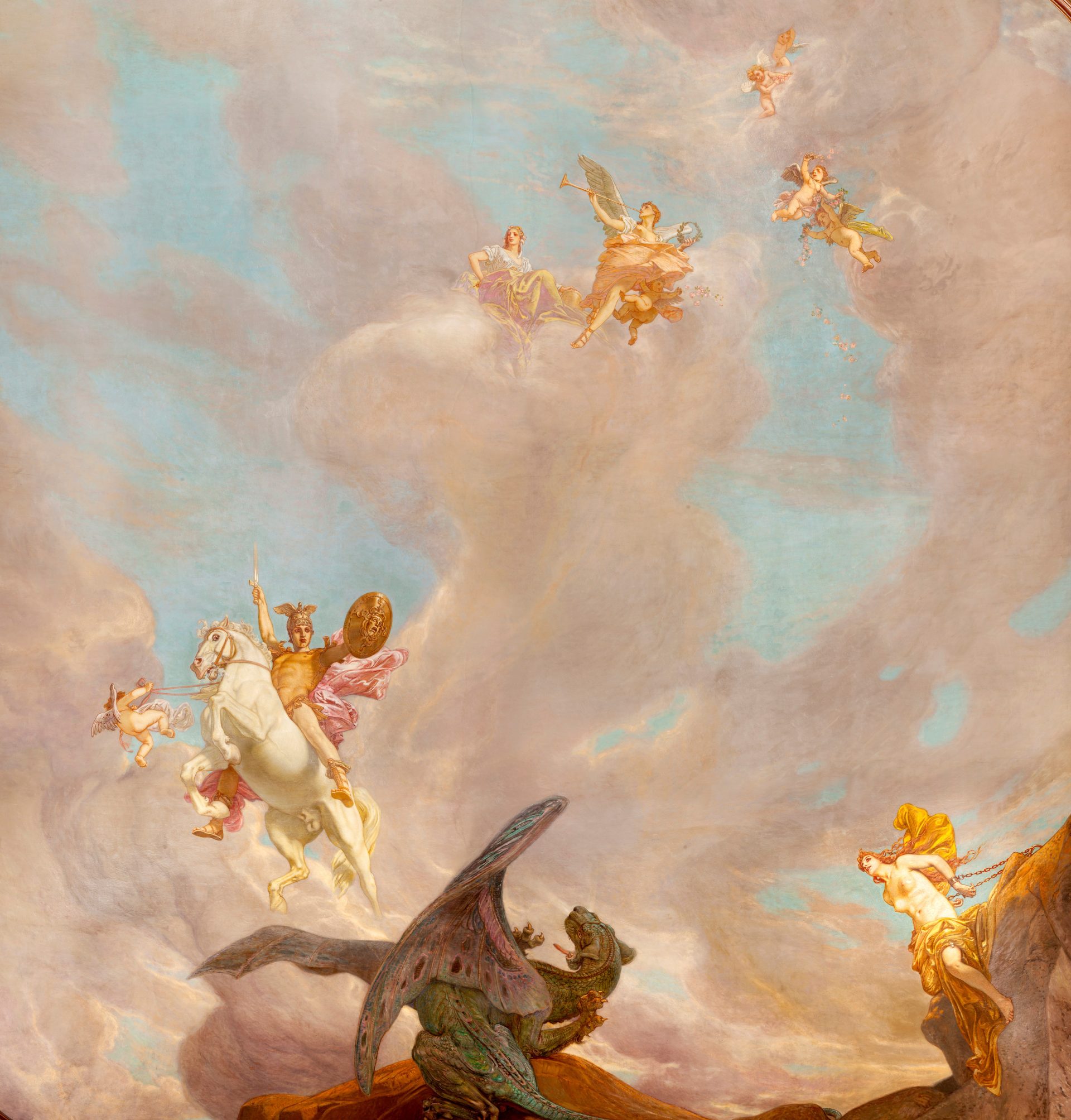 En målning som föreställer en man till häst som kämpar mot en drake. Vid ena sidan en fängslad kvinna.