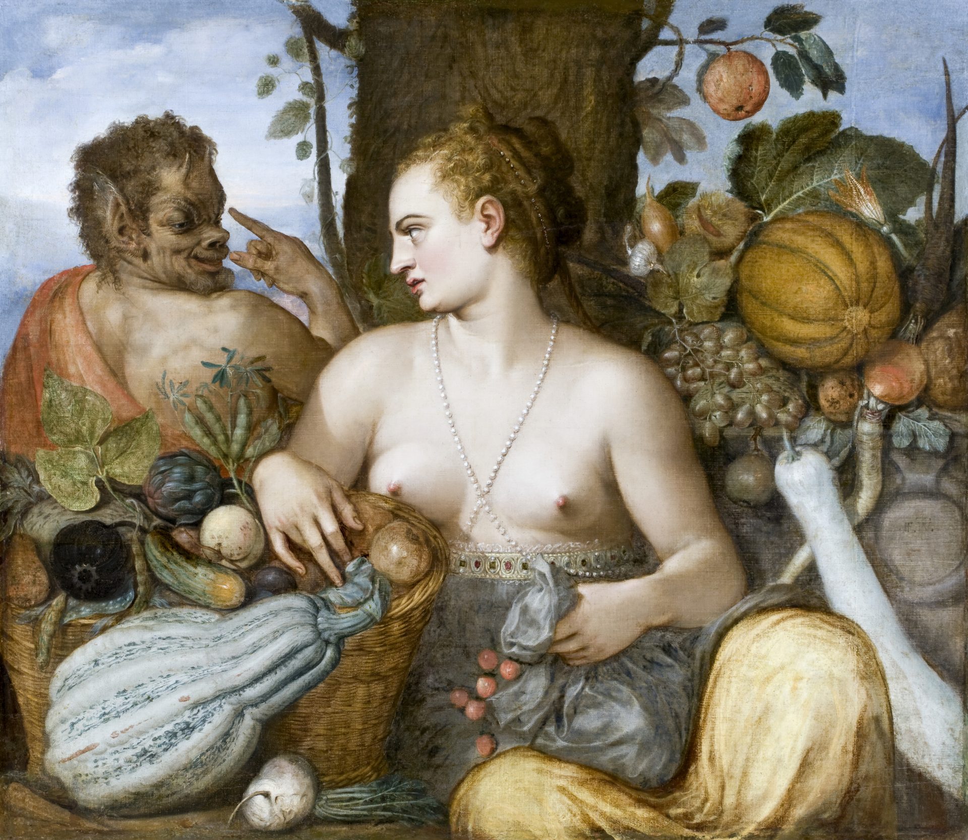En oljemålning av en sittande kvinna med bara bröst, omgiven av frukter. Vid sidan om henne en man med små horn i pannan och spetsiga öron.