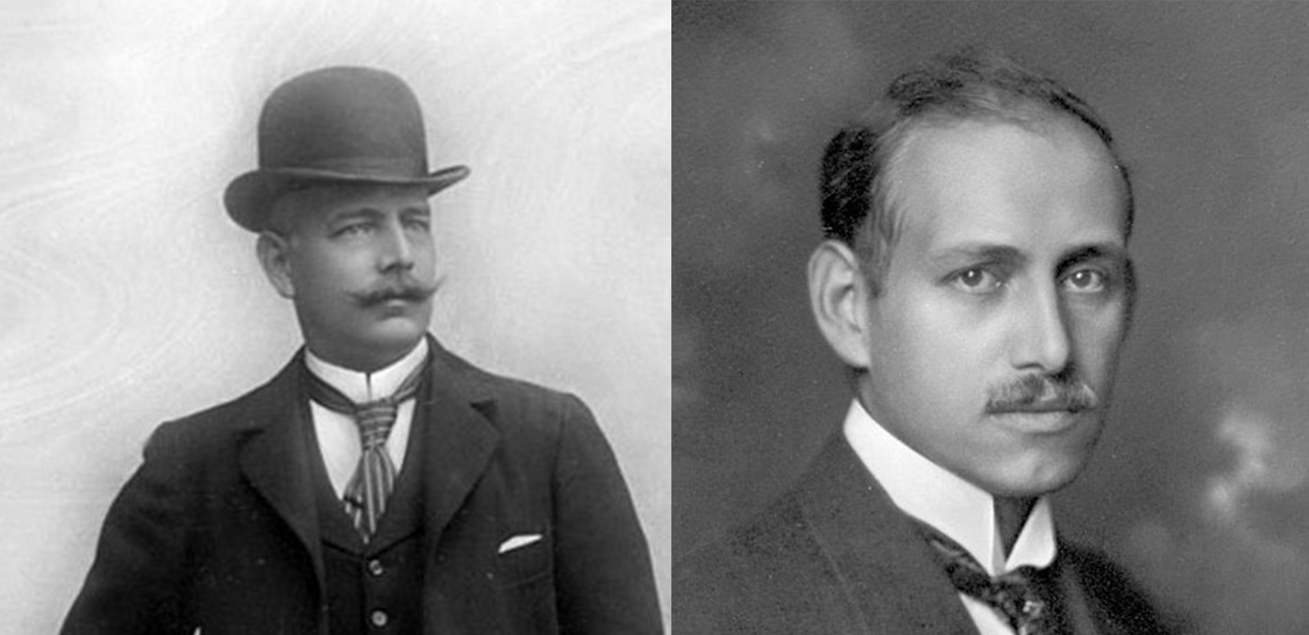 Två foton av två män, en med hatt och yvig mustasch, den andre med en liten mustasch.