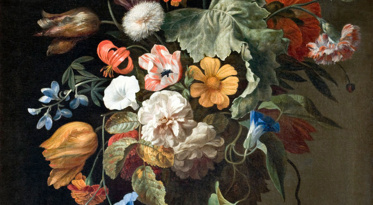 Närbild på olika färgglada blommor ur oljemålningen Still-Life with Flowers, målad av Rachel Ruysch. 