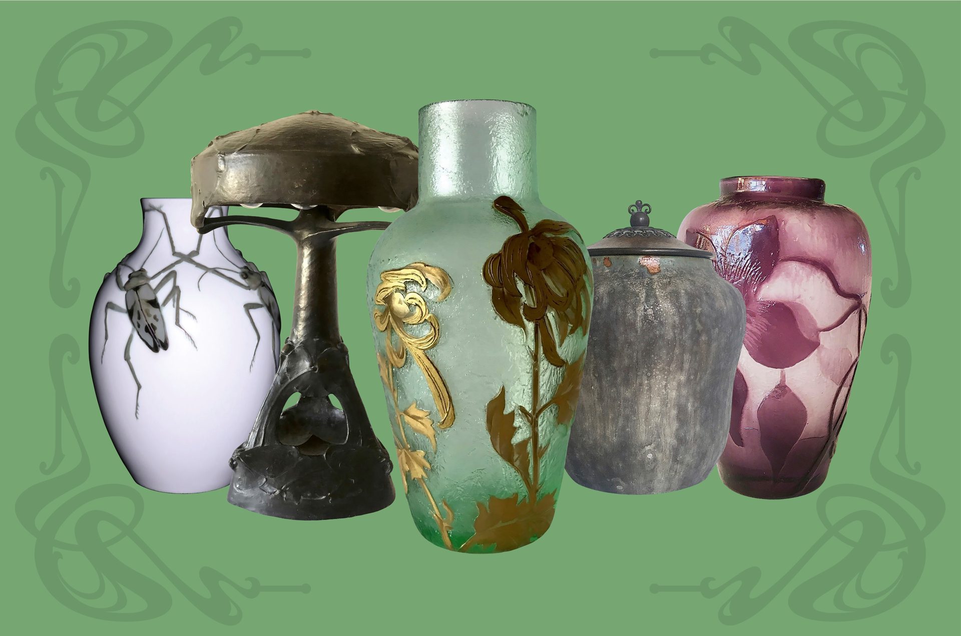 A montage with several different vases from the exhibition against a green background
