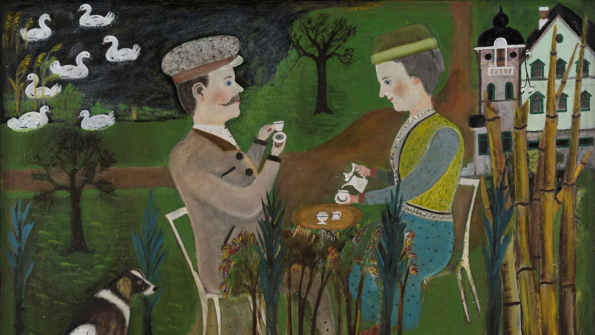 A painting of two people sitting outside in a garden and drinking coffee.