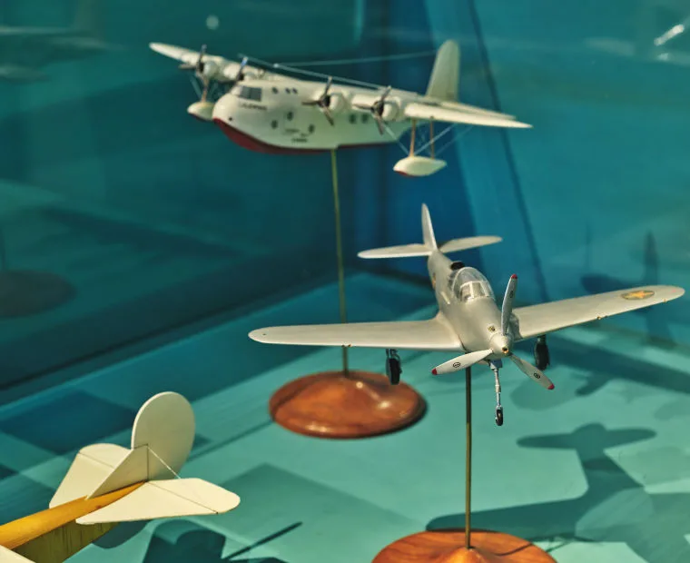 Several detailed model airplanes are displayed in a case with a blue background.
