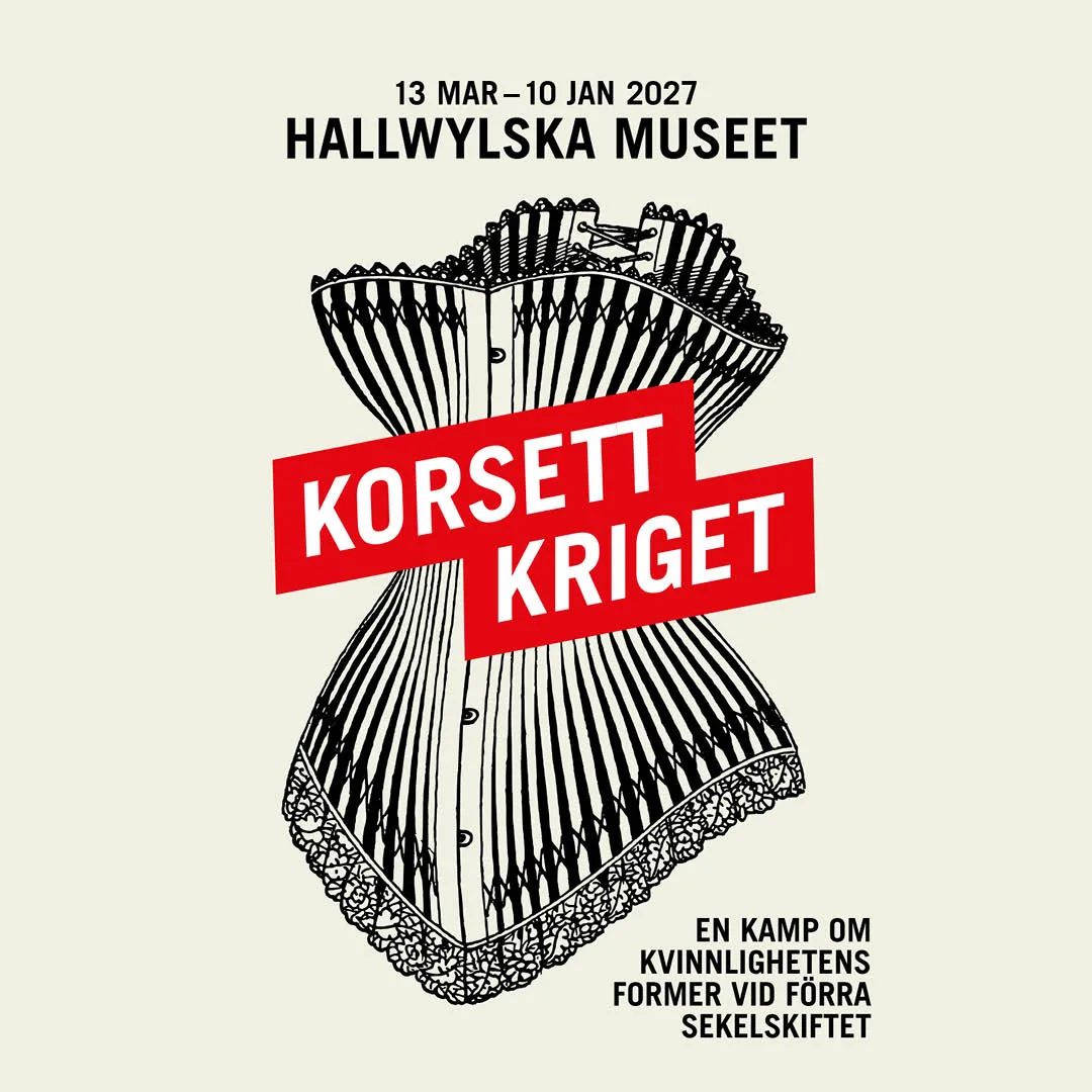 Utställningsbild, illustration av korsett med texten Korsettkriget ovanpå.